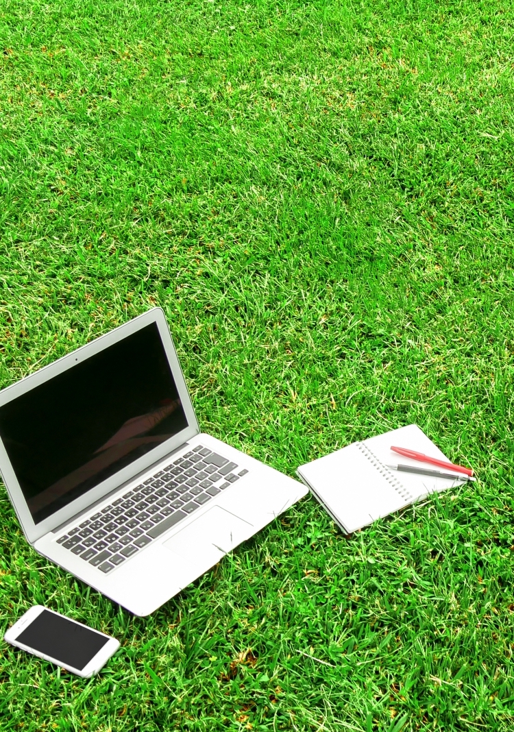 芝生の上にパソコンがあります